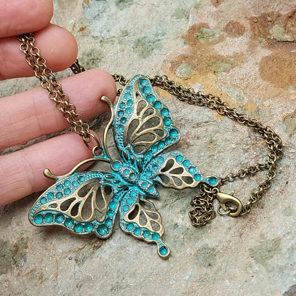 Anthro Insects Jewelry Antique Gold Bronze Butterfly Large Pendant